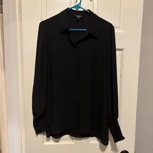 Express Black Long Sleeve Smocked Cuff Collared Button-Front Blouse, L